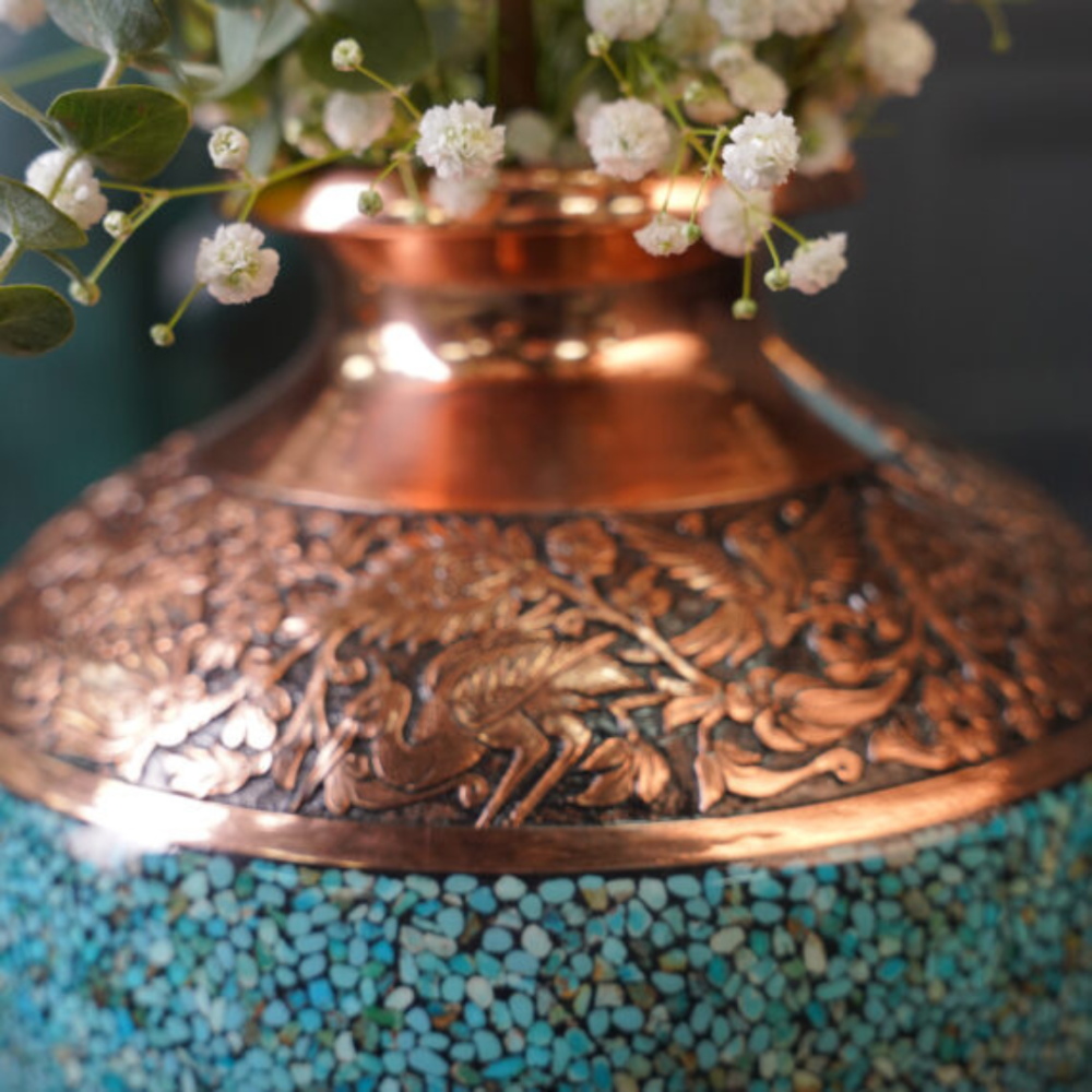 Hand-engraved and Turquoise-inlaid Bolooni Vase (36 cm) - Image 3