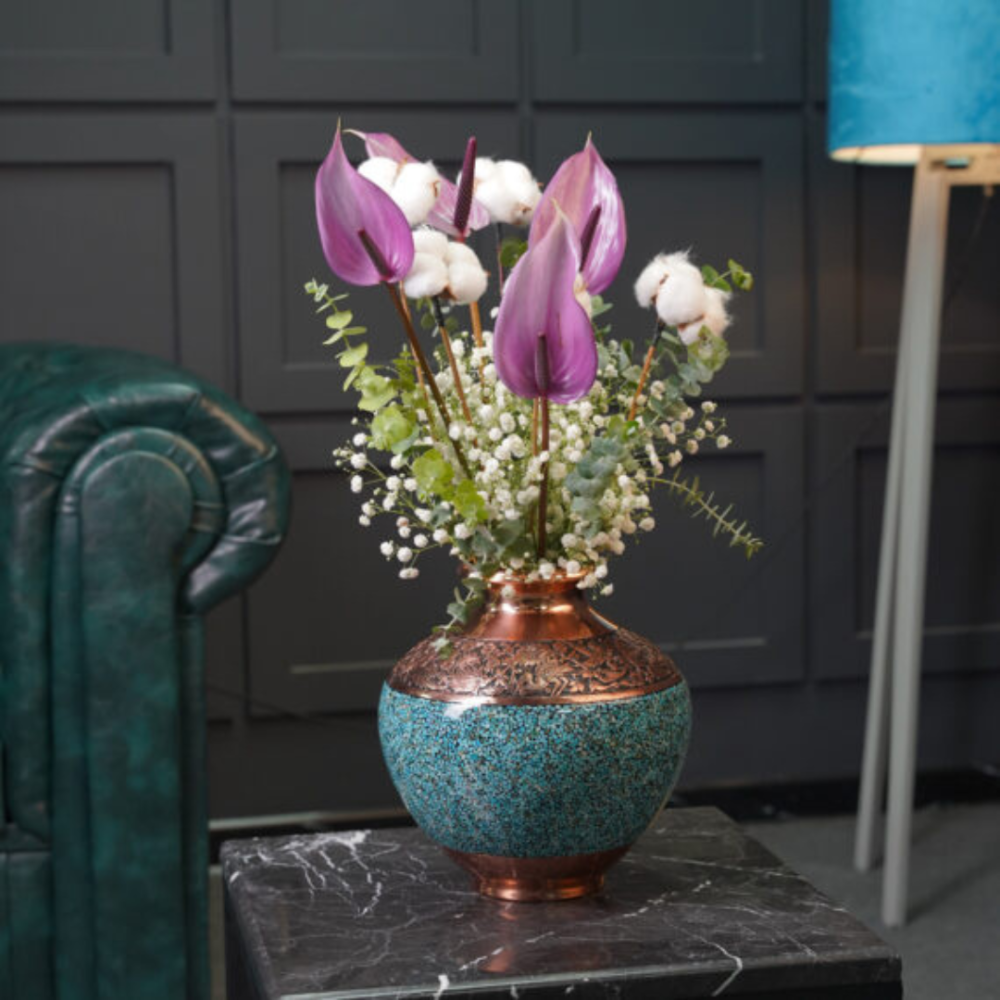 Boloni Vase 36 Engraving Turquoise Inlay - Copper Turquoise