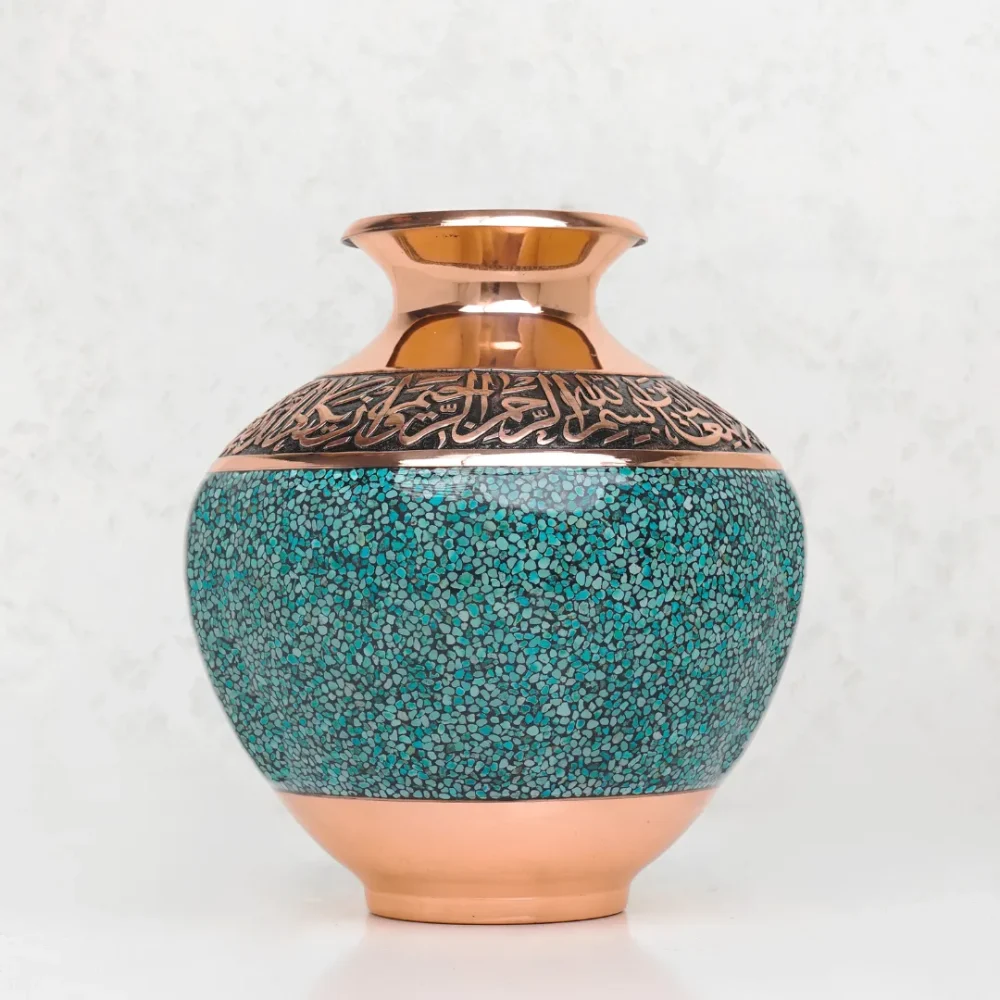 Boloni Vase 36 Engraving Turquoise Inlay - Copper Turquoise