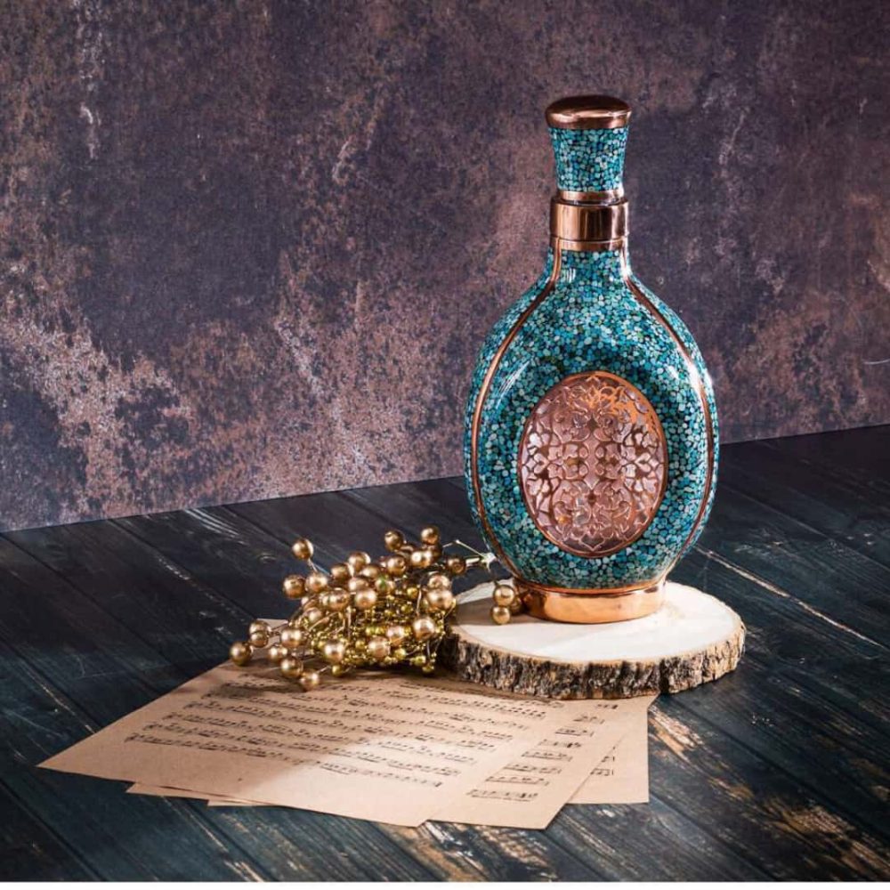 Triangular Latticework Turquoise Inlaid Flask- Copper Turquoise