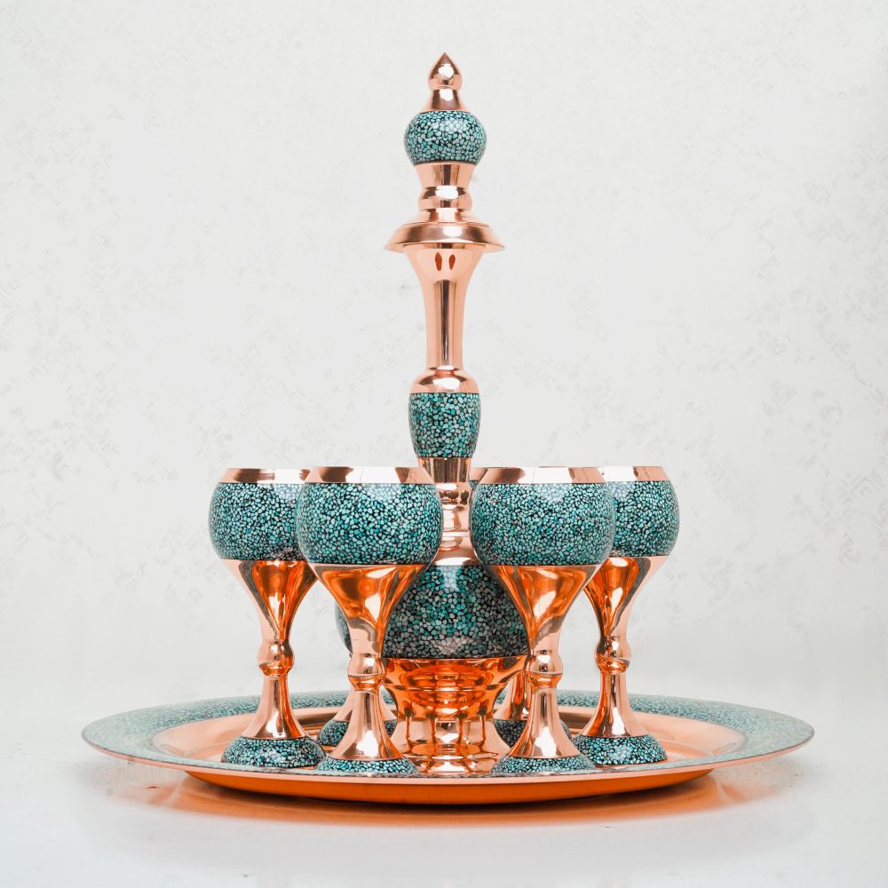 Turquoise-inlaid pitcher and glasses set